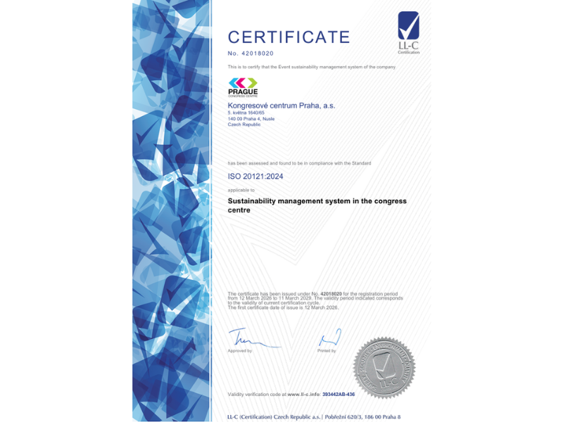 Kongresové centrum Praha získalo certifikaci ISO 20121:2024